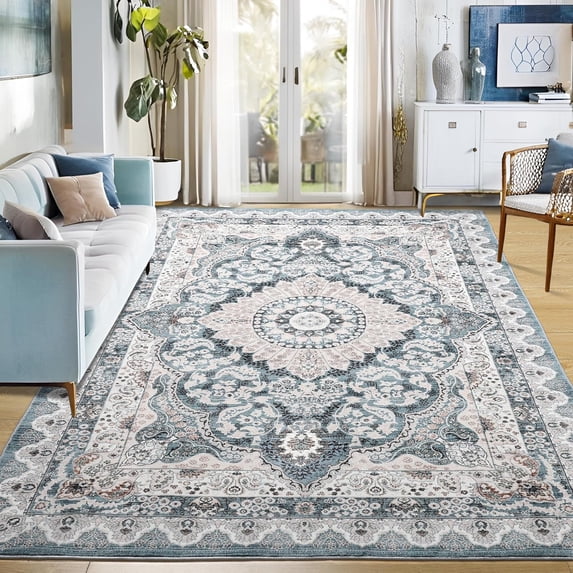 Softlife Retro Distressed Medallion Faux Wool Area Rug, 8' x 10', Blue