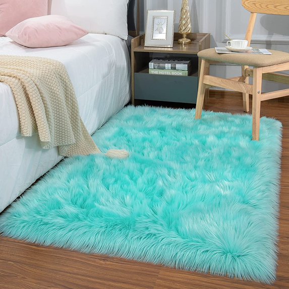 Softlife Shaggy Faux Rug,Luxury Fluffy Carpet For Living Room,Bedroom,Nursery Room,3'x5',Teal Blue
