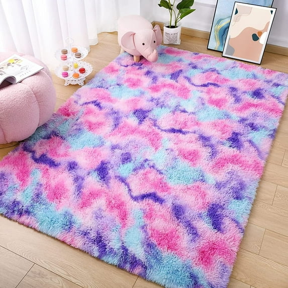 Softlife Soft Rainbow Area Rugs Fluffy Colorful Rugs Cute Floor Carpets Shaggy Playing Mat for Bedroom Home Decor,3'x5',Hot Pink