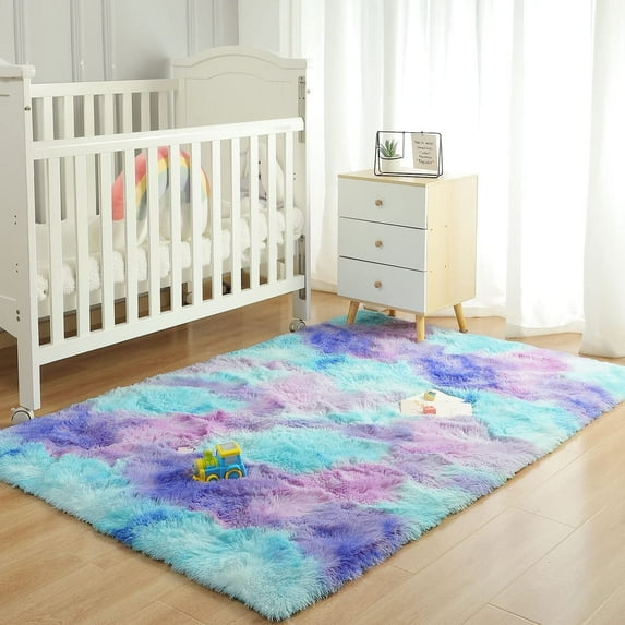 Softlife Soft Rainbow Area Rugs Fluffy Colorful Rugs Cute Floor Carpets Shaggy Playing Mat for Bedroom Home Decor,3'x5',Teal