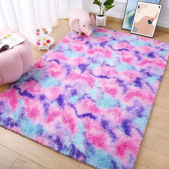 Softlife Soft Rainbow Area Rugs Fluffy Colorful Rugs Cute Floor Carpets Shaggy Playing Mat for Bedroom Home Decor,4'x6',Hot Pink