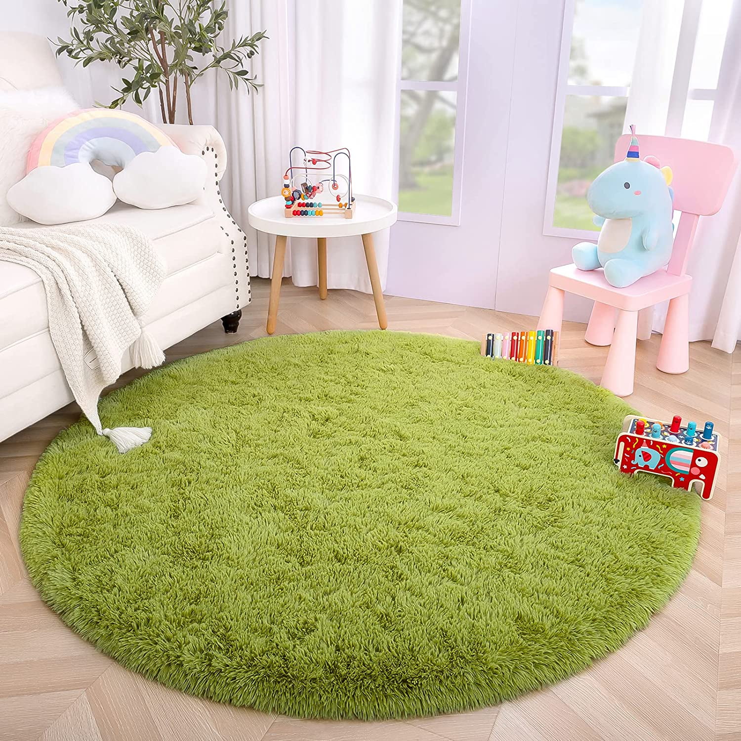 Softlife Soft Round Shaggy Rug Fluffy Circle Rug for Boys Girls Fuzzy Cute Bedroom Rug Circle Plush Floor Carpet for Nursery Room 4 x4 Green