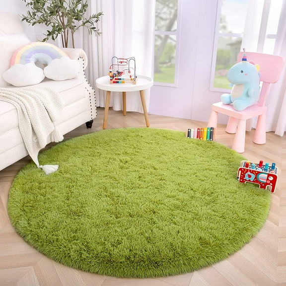 Softlife Soft Round Shaggy Rug,Fluffy Circle Rug for Boys Girls,Fuzzy Cute Bedroom Rug,Circle Plush Floor Carpet for Nursery Room,4'x4',Green