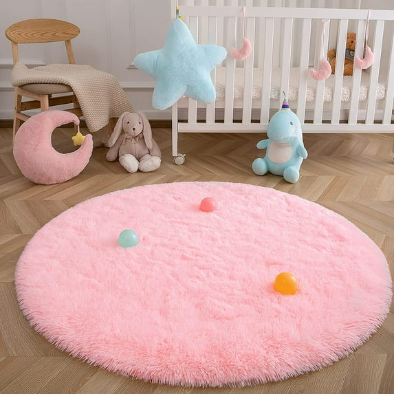 Softlife Soft Round Shaggy Rug,Fluffy Circle Rug for Boys Girls,Fuzzy Cute Bedroom Rug,Circle Plush Floor Carpet for Nursery Room,5'x5',Pink