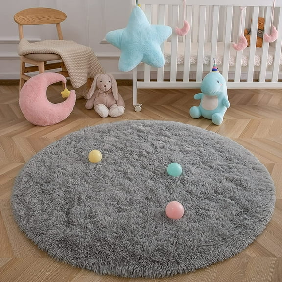 Softlife Soft Round Shaggy Rug,Fluffy Circle Rug for Boys Girls,Fuzzy Cute Bedroom Rug,Circle Plush Floor Carpet for Nursery Room,6'x6',Gray