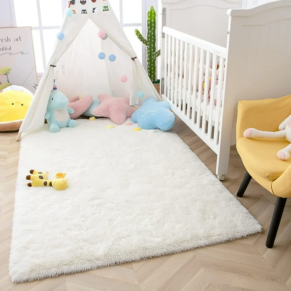 Softlife Stylish Soft Shaggy Velvet Carpet for Living Room Bedroom, Fluffy Children Area Rugs,3'x5',Cream White