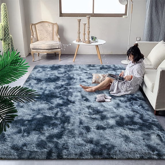 Softlife Super Soft Plush Tie Dye Velvet Rugs for Home Decor,Fluffy carpet For Living Room,Bedroom,4'x6',Blue Gray