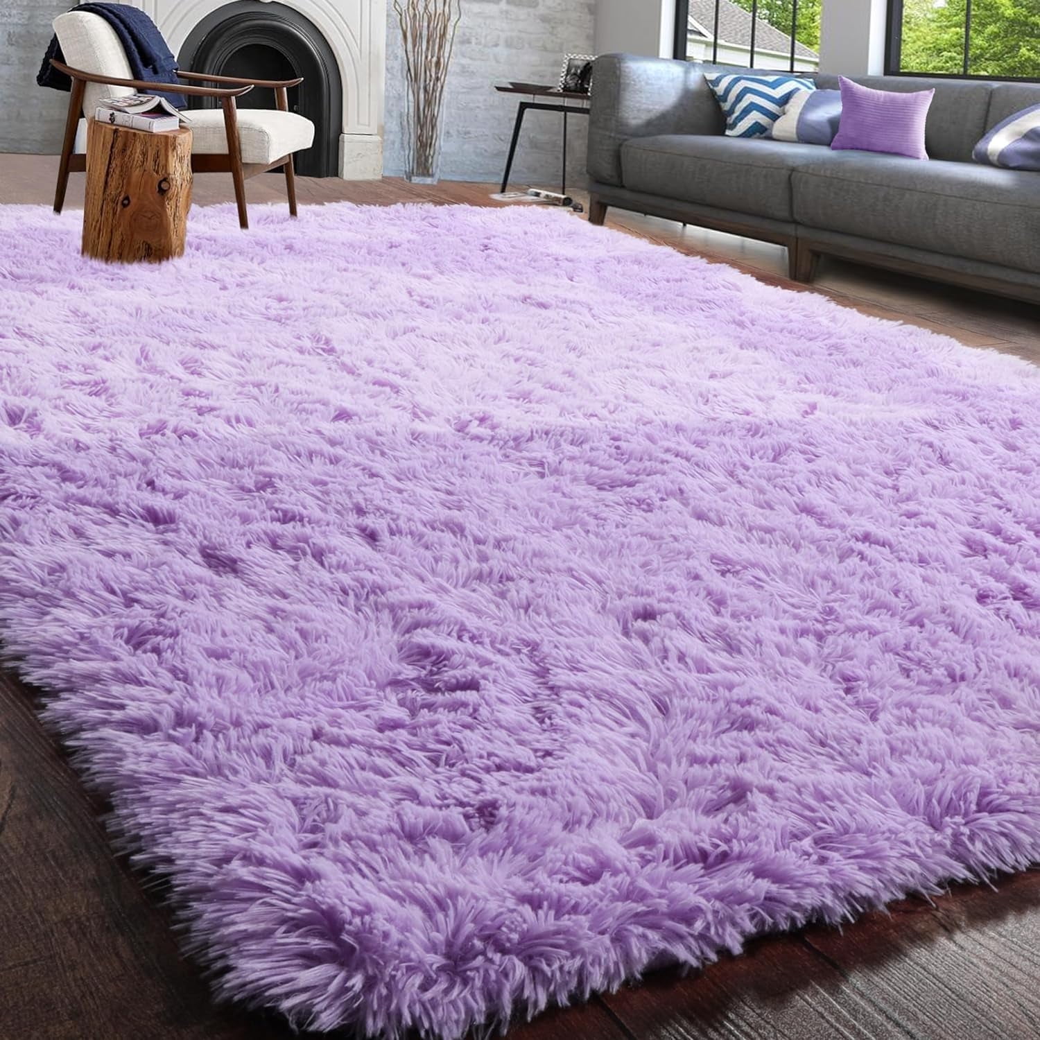 Purple 8' x 10' Tufted Synthetic Fur Area Rug with Memory Foam