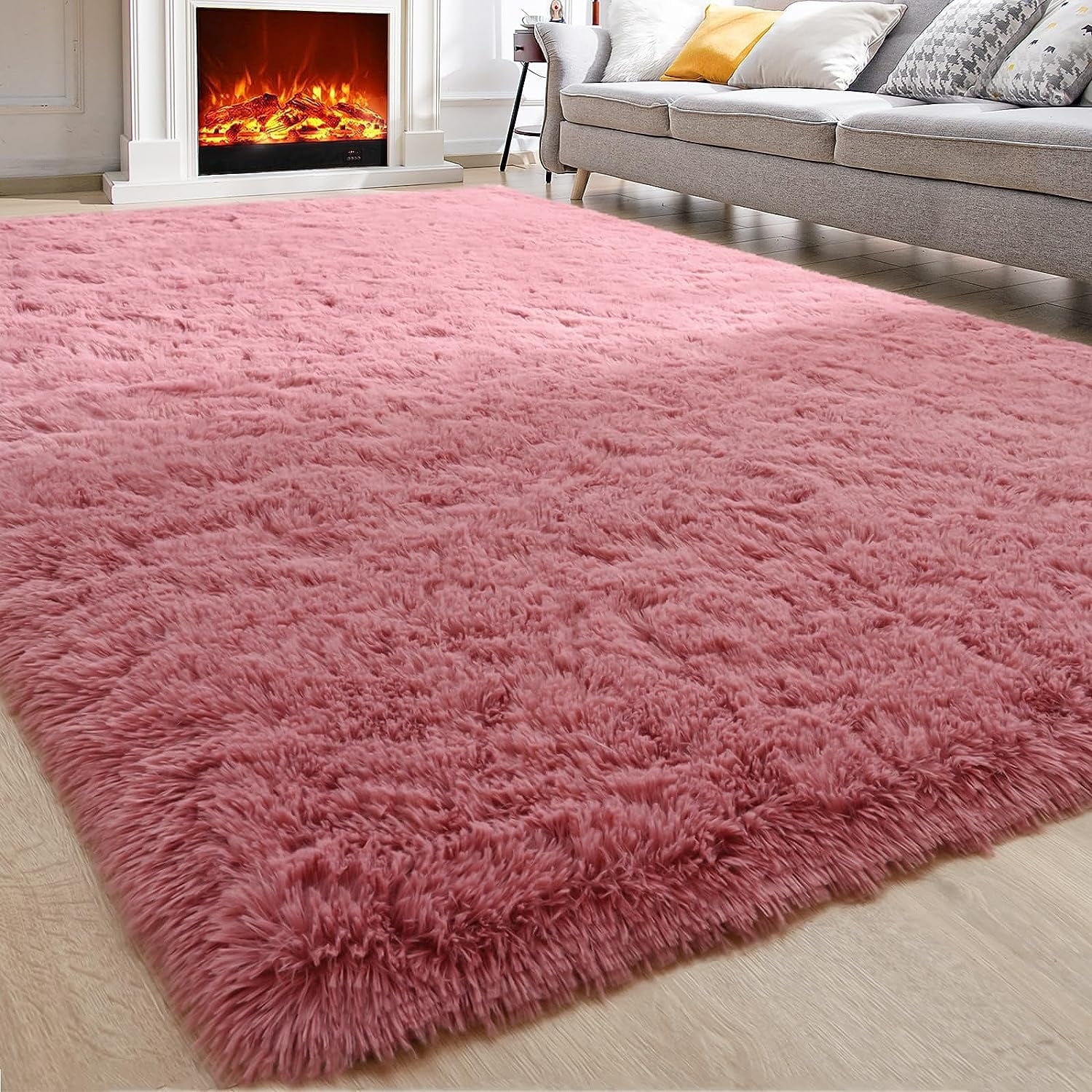 Pink 8' x 10' Shag Synthetic Fur Area Rug with Memory Foam