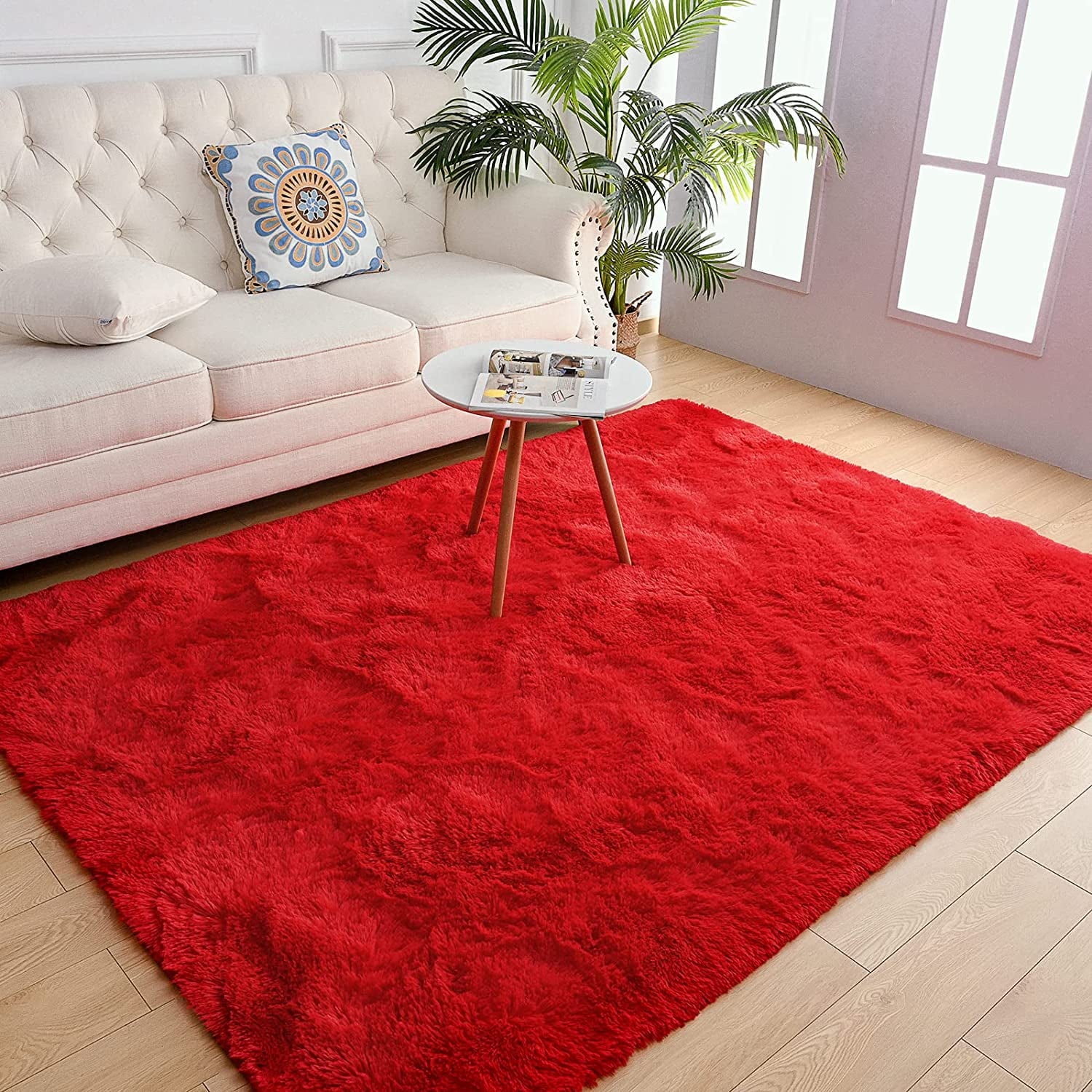Red 8' x 10' Tufted Shag Fur Area Rug with Memory Foam