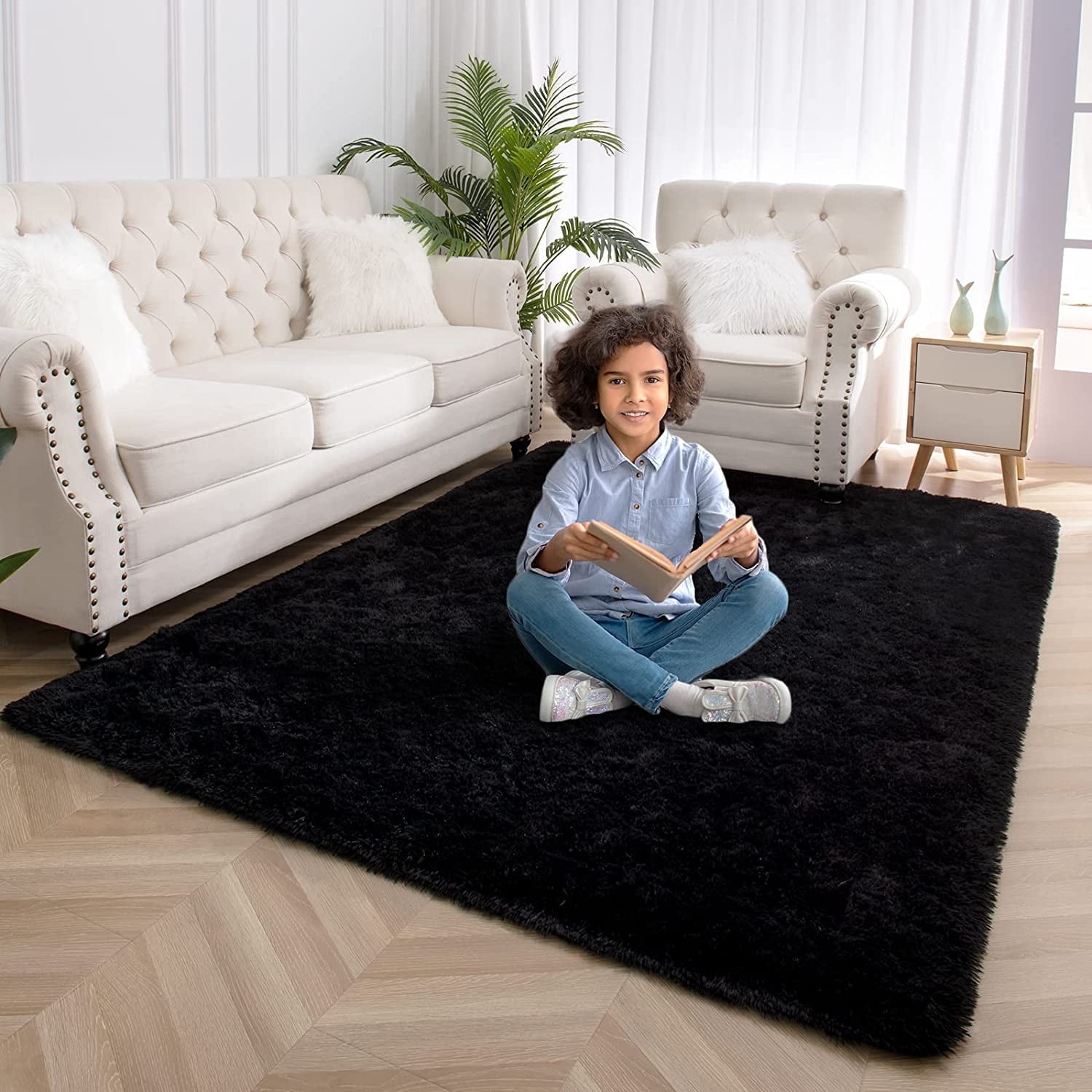 Softlife Super Soft Shaggy Area Rugs For Living Room Fluffy Carpets For Bedroom Home Decor,5.3'X7.5',Black