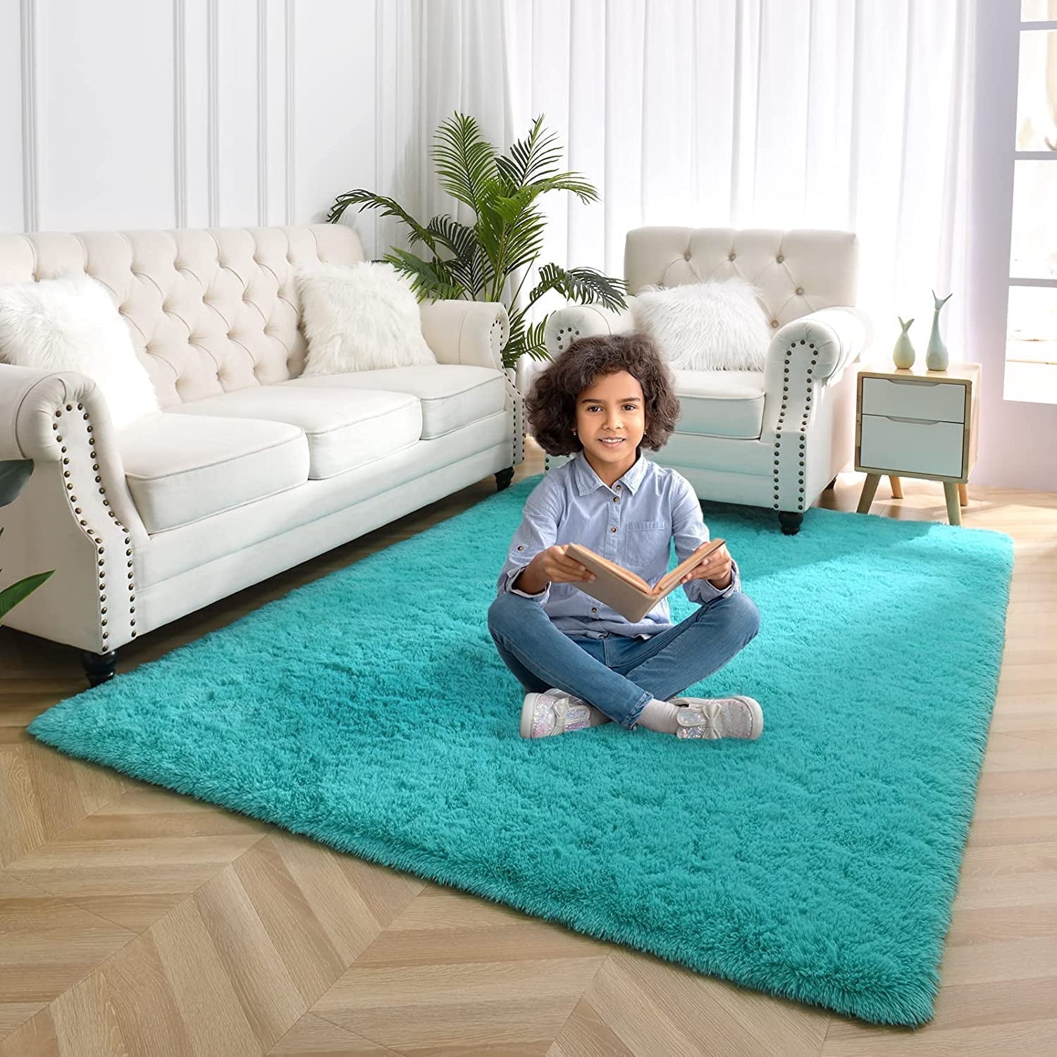 Softlife Super Soft Shaggy Area Rugs for Living Room Fluffy Carpets for Bedroom Home Decor,5.3'X7.5', Blue