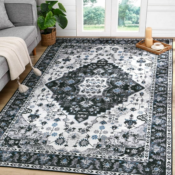 Softlife Ultra-Thin Chenille Vintage Area Rug Non Slip Washable Oriental Tribal Antique Carpet Home Decor Boho Style,4'x6',Black
