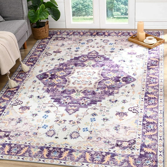 Softlife Ultra-Thin Chenille Vintage Area Rug Non Slip Washable Oriental Tribal Antique Carpet Home Decor Boho Style,4'x6',Purple