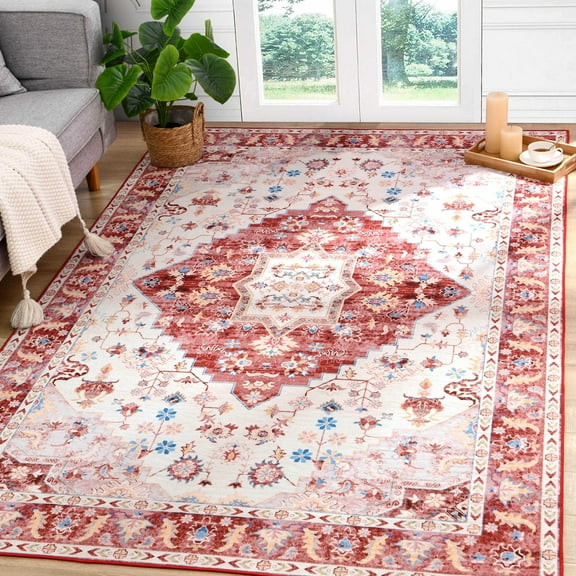 Softlife Ultra-Thin Chenille Vintage Area Rug Non Slip Washable Oriental Tribal Antique Carpet Home Decor Boho Style,5'x8',Red