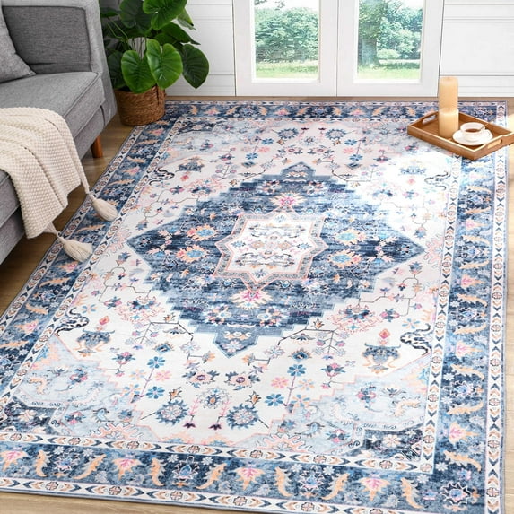 Softlife Ultra-Thin Chenille Vintage Area Rug Non Slip Washable Oriental Tribal Antique Carpet Home Decor Boho Style,6'x9',Blue