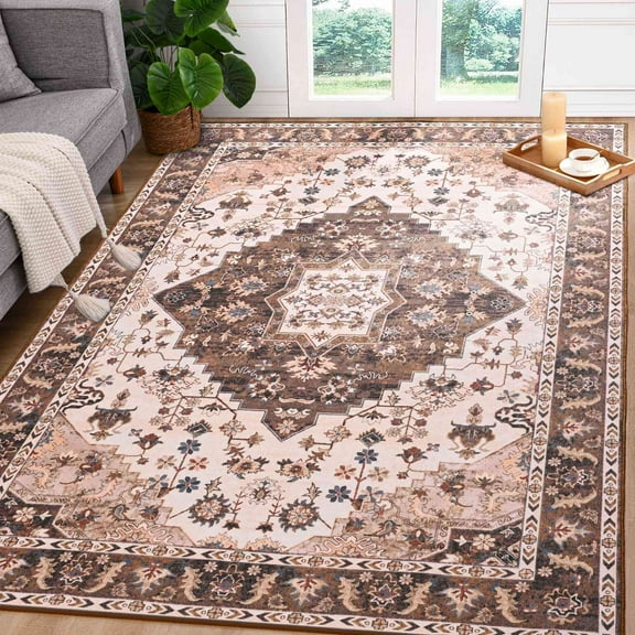 Softlife Ultra-Thin Chenille Vintage Area Rug Oriental Tribal Antique Carpet Boho Style,4'x6',Brown