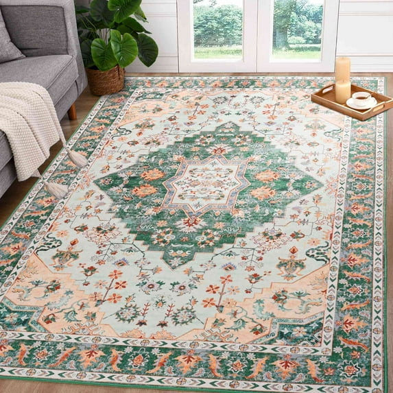 Softlife Ultra-Thin Chenille Vintage Area Rug Oriental Tribal Antique Carpet Boho Style,4'x6',Green