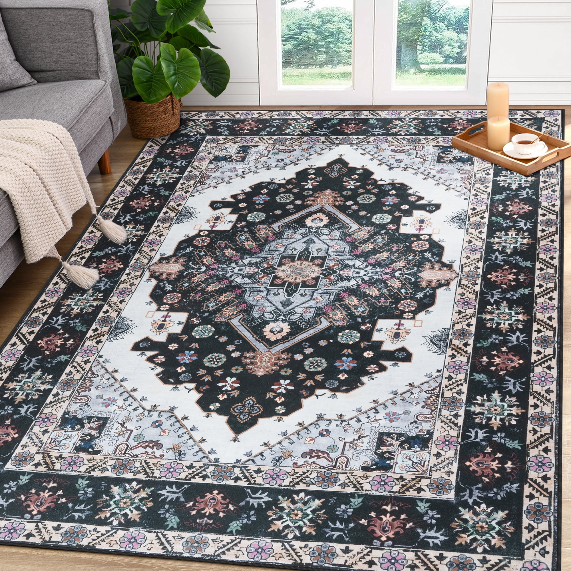 Softlife Ultra-Thin Chenille Vintage Area Rug Oriental Tribal Antique Carpet Boho Style, 5' x 8', Black