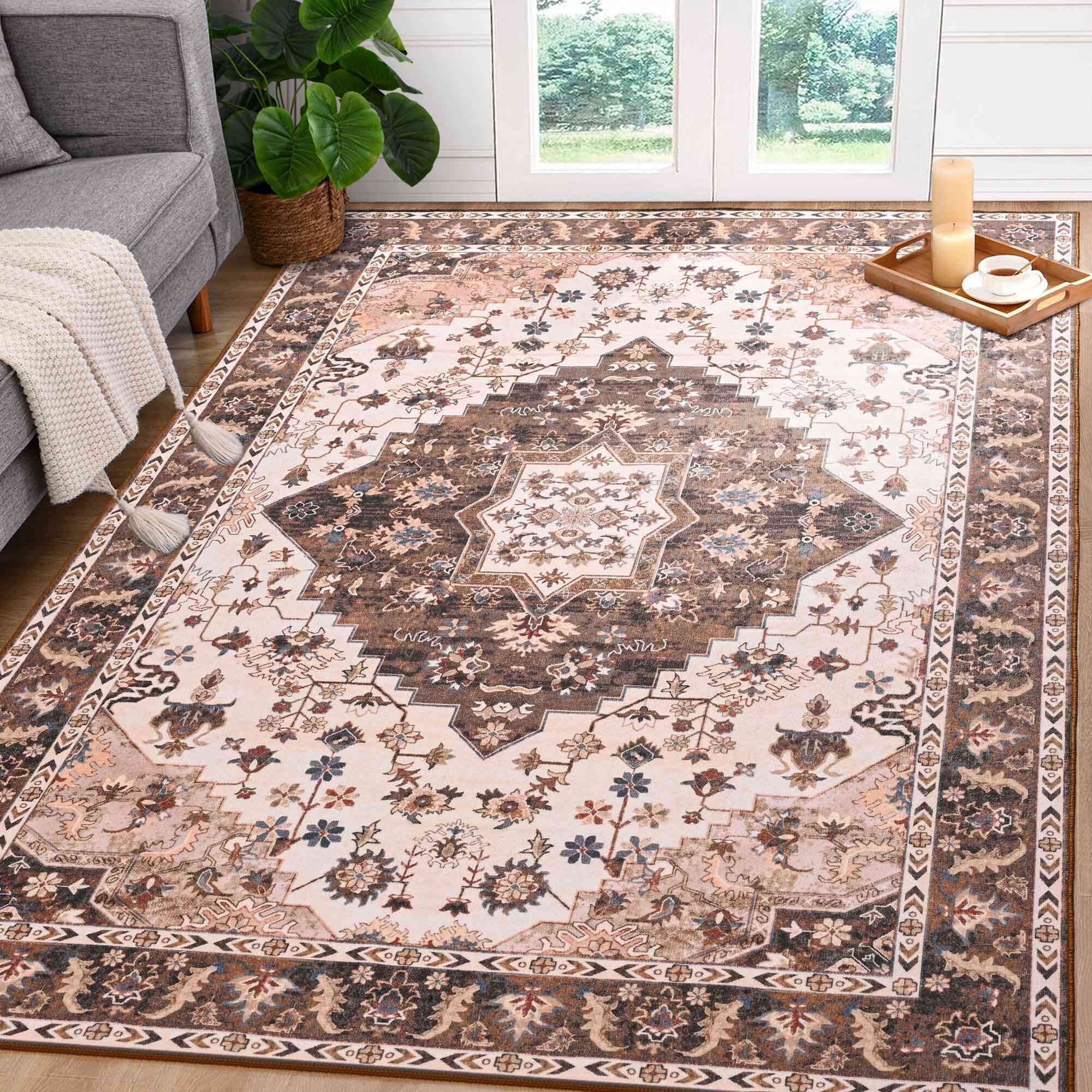 Softlife Chenille Vintage Area Rug Oriental Tribal Antique Boho Carpet,6'x9',Brown