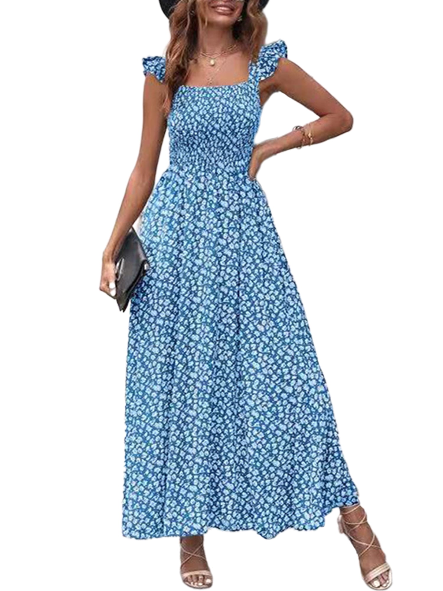 Softmallow Women Strappy Maxi Dresses Summer Floral Print Ruffled