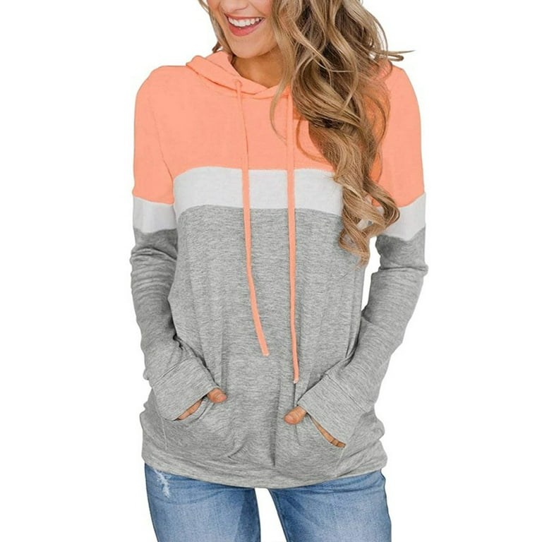 Softmallow Women s Color Block Hoodie Tops Long Sleeve Drawstring