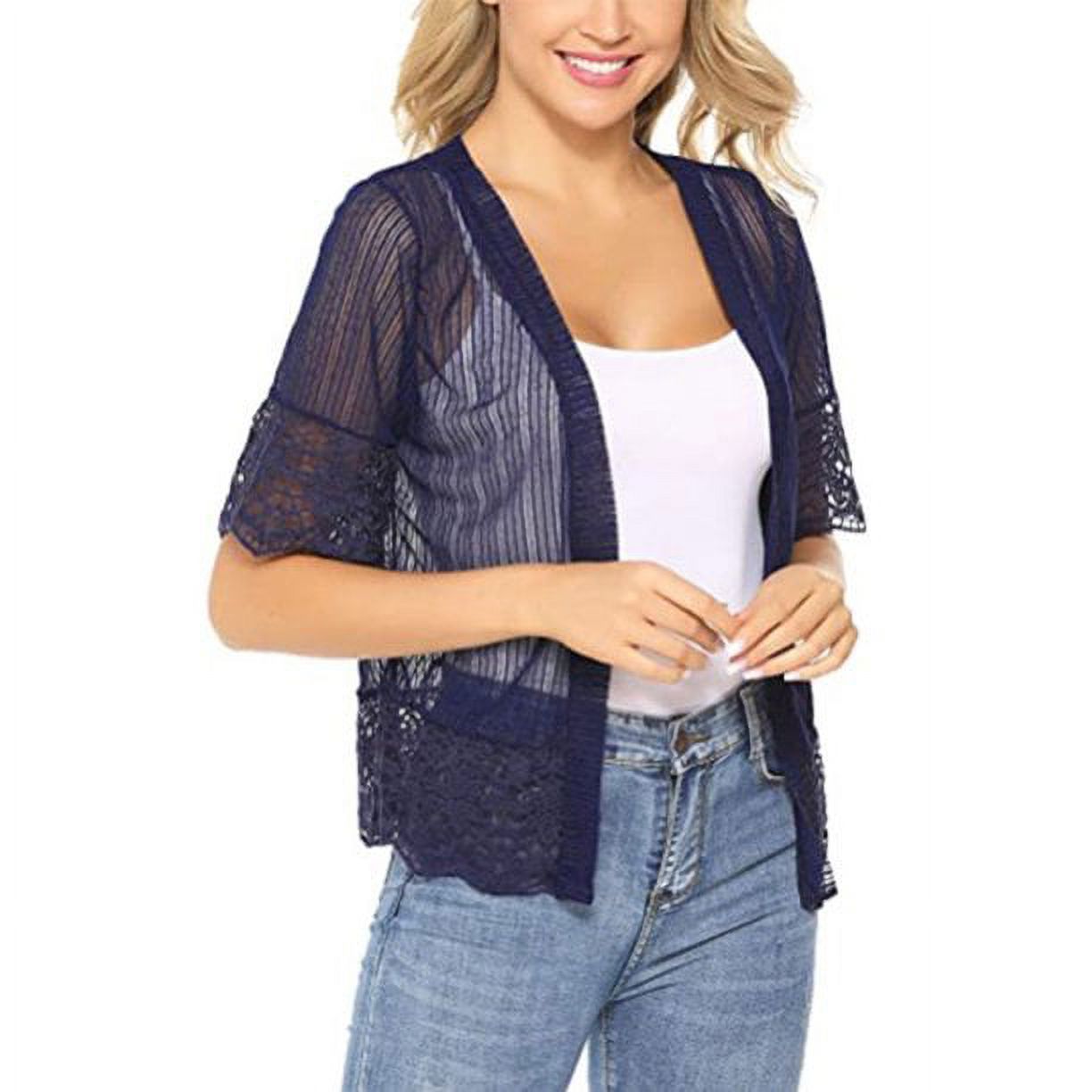 Softmallow Women's Lightweight Shrug Open Front Cardigan Bolero Jacket  Solid Color Lace Patchwork Sheer Bolero Cover Up Dark Blue M - Walmart.com