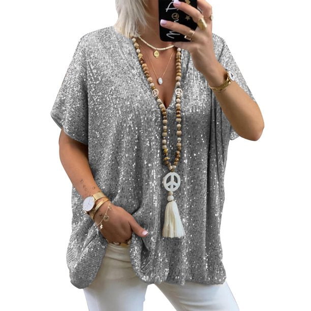 Softmallow Women s Sequin Short Sleeve Top V Neck Glitter Loose Blouse Tops Printed T shirt Tunic Tops Plus Size Silver L Walmart