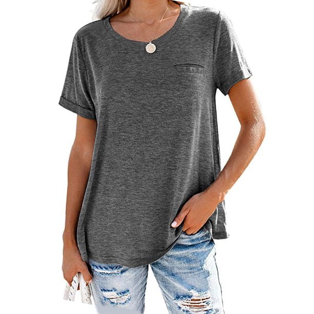 Softmallow Women's Short Sleeve Pullover T-Shirts Casual Round Neck Loose  Tunic Blouse 