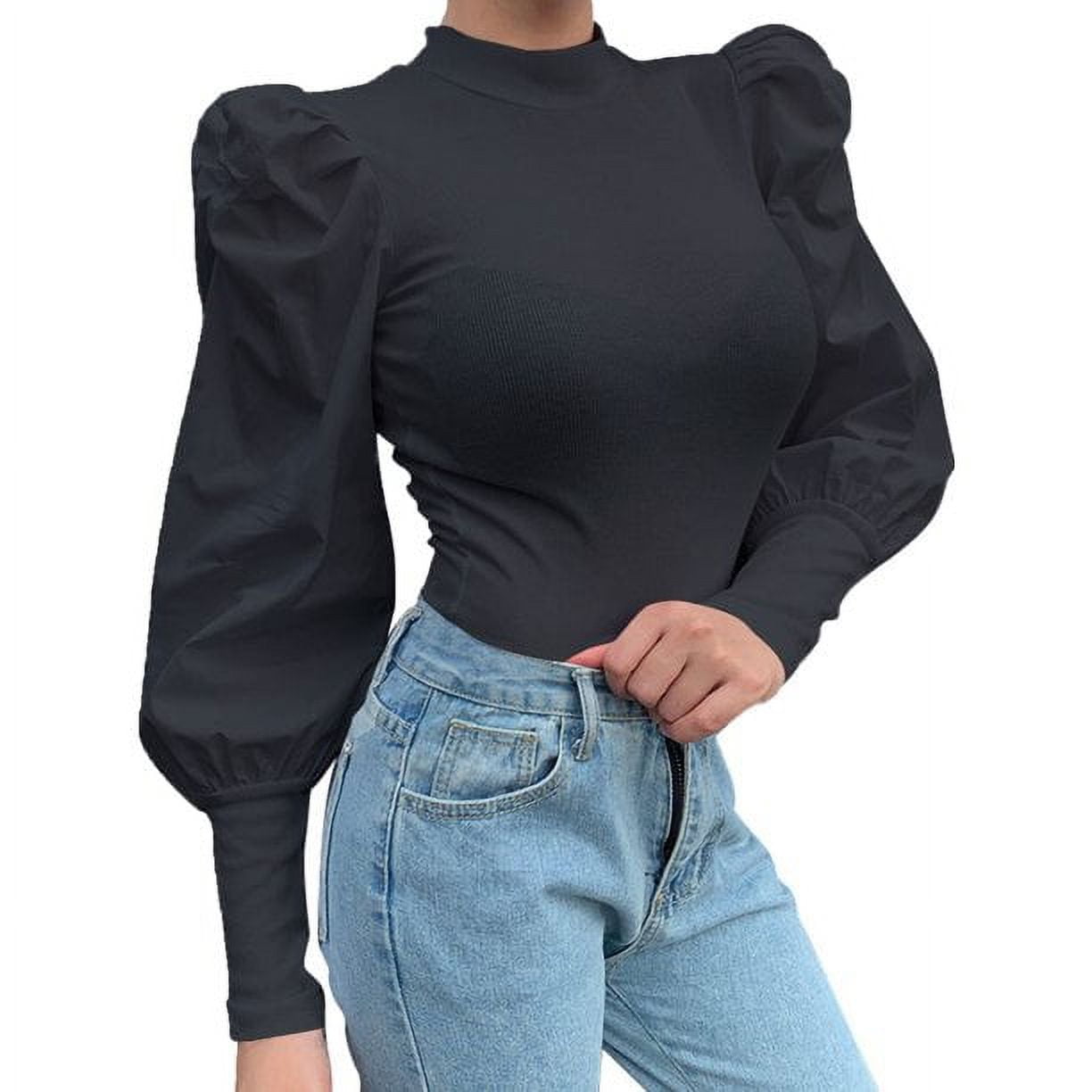 Softmallow Women's Turtleneck Puff Long Sleeve Bodysuit Solid Color Ribbed  T Shirt Black M 