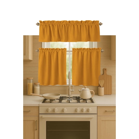 Softopia Cotton 3 Piece Window Curtain Set, 100% Cotton, 2 Tiers 26x36 Inch & 1 Valance 54x18 Inch, Semi Sheer, Rod Pocket, Short Curtains for Kitchen, Caf, Living Room, Bathroom, Mustard Yellow