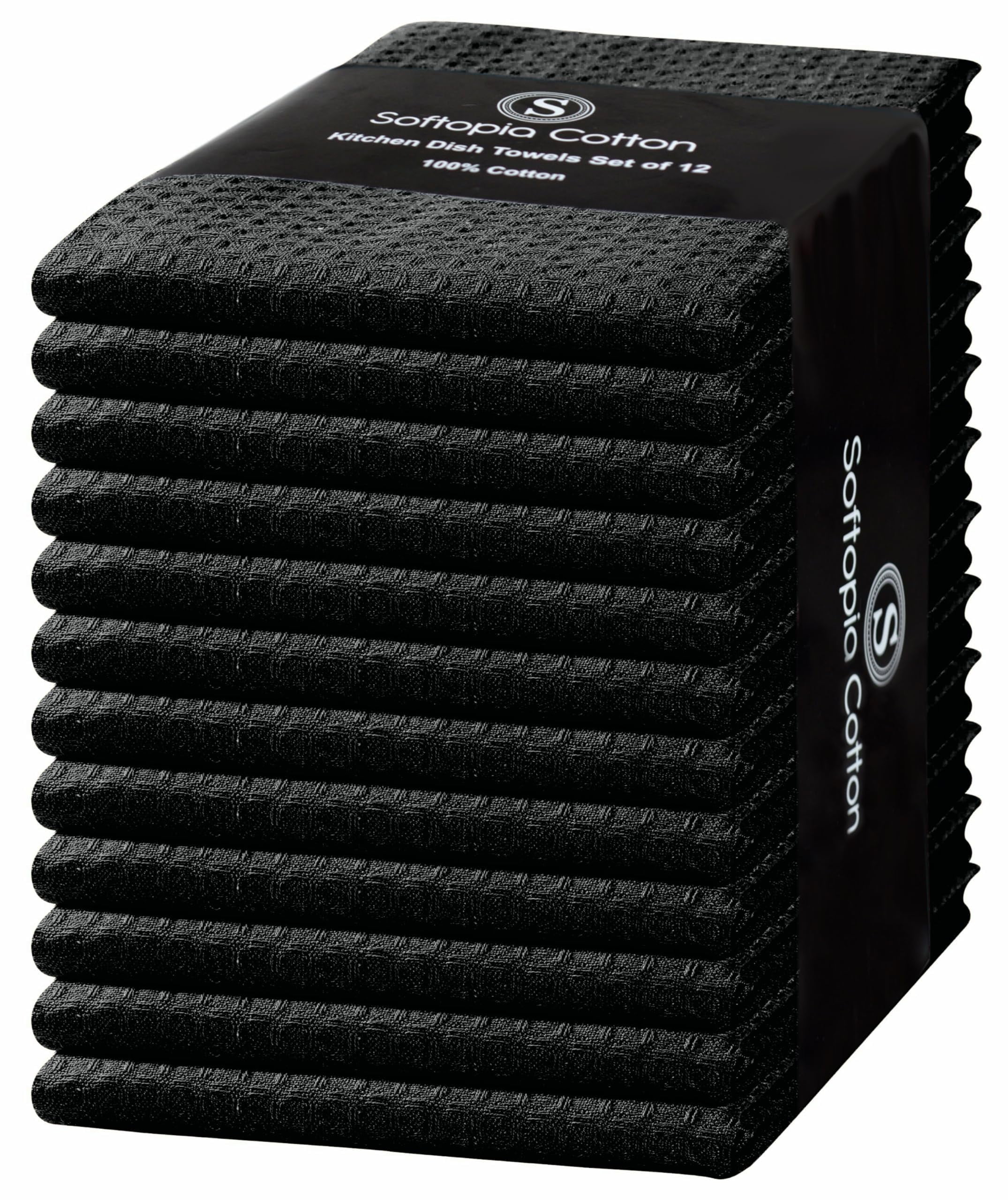 Softopia Cotton Black Waffle Kitchen Dish Towels 100% Cotton, Soft, Absorbent, Quick Drying, Multipurpose Use, Bar & Tea Towels, 16x26 Inches, Durable, Machine Washable, Reusable, Set of 12