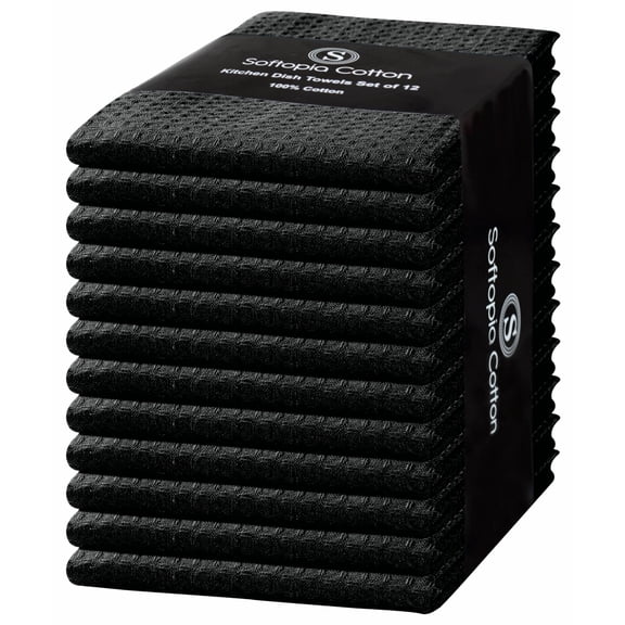 Softopia Cotton Black Waffle Kitchen Dish Towels 100% Cotton, Soft, Absorbent, Quick Drying, Multipurpose Use, Bar & Tea Towels, 16x26 Inches, Durable, Machine Washable, Reusable, Set of 12