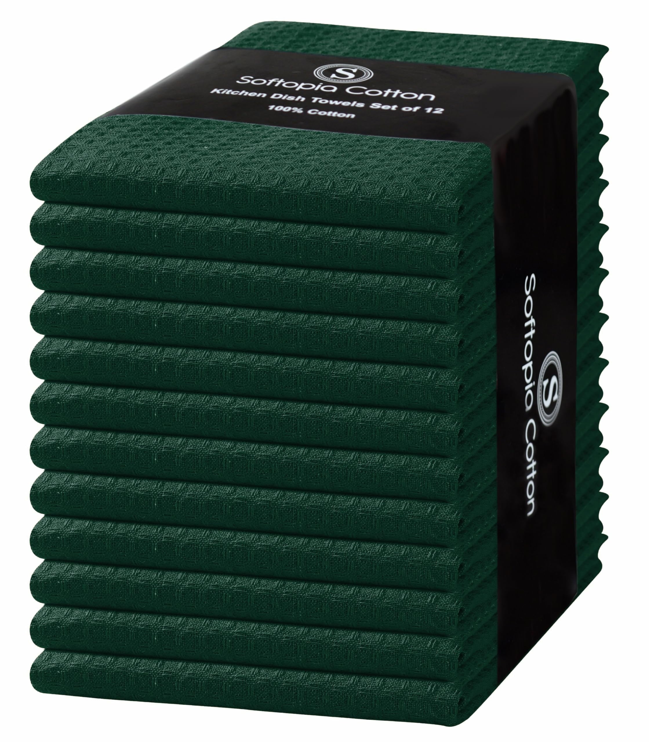 Softopia Cotton Forest Green Kitchen Dish Towels Set of 12-100% Cotton Waffle Weave, Super Absorbent, Soft, Quick Drying, 16x26 Inches, Ideal for Cleaning, Bar, Tea, and Everyday Use, Olive Green
