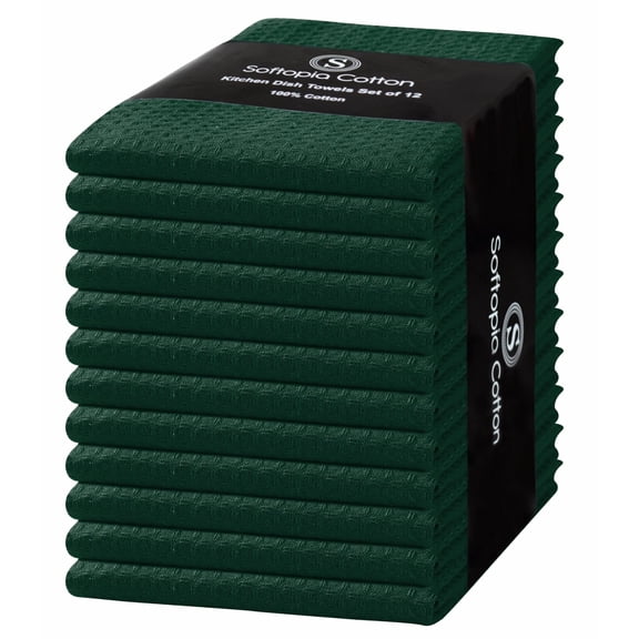 Softopia Cotton Forest Green Kitchen Dish Towels Set of 12-100% Cotton Waffle Weave, Super Absorbent, Soft, Quick Drying, 16x26 Inches, Ideal for Cleaning, Bar, Tea, and Everyday Use, Olive Green