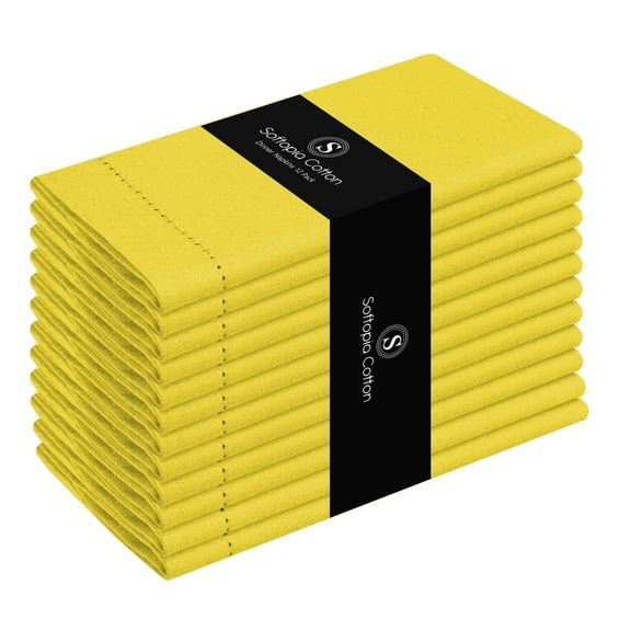 Softopia Cotton Hemstitch Table Fabric Cloth Napkins 18"x18", Set of 12, Lemon Yellow