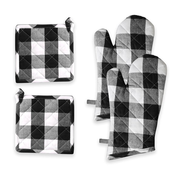 Softopia Cotton Oven Mitt & Pot Holder Buffalo Plaid Check 100% Cotton Heat Resistant Oven Gloves (7"x13") & Hot Pads (8"x8") Combo for Baking, Cooking - Black