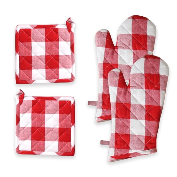 Softopia Cotton Oven Mitt & Pot Holder Buffalo Plaid Check 100% Cotton Heat Resistant Oven Gloves (7"x13") & Hot Pads (8"x8") Combo for Baking, Cooking - Red
