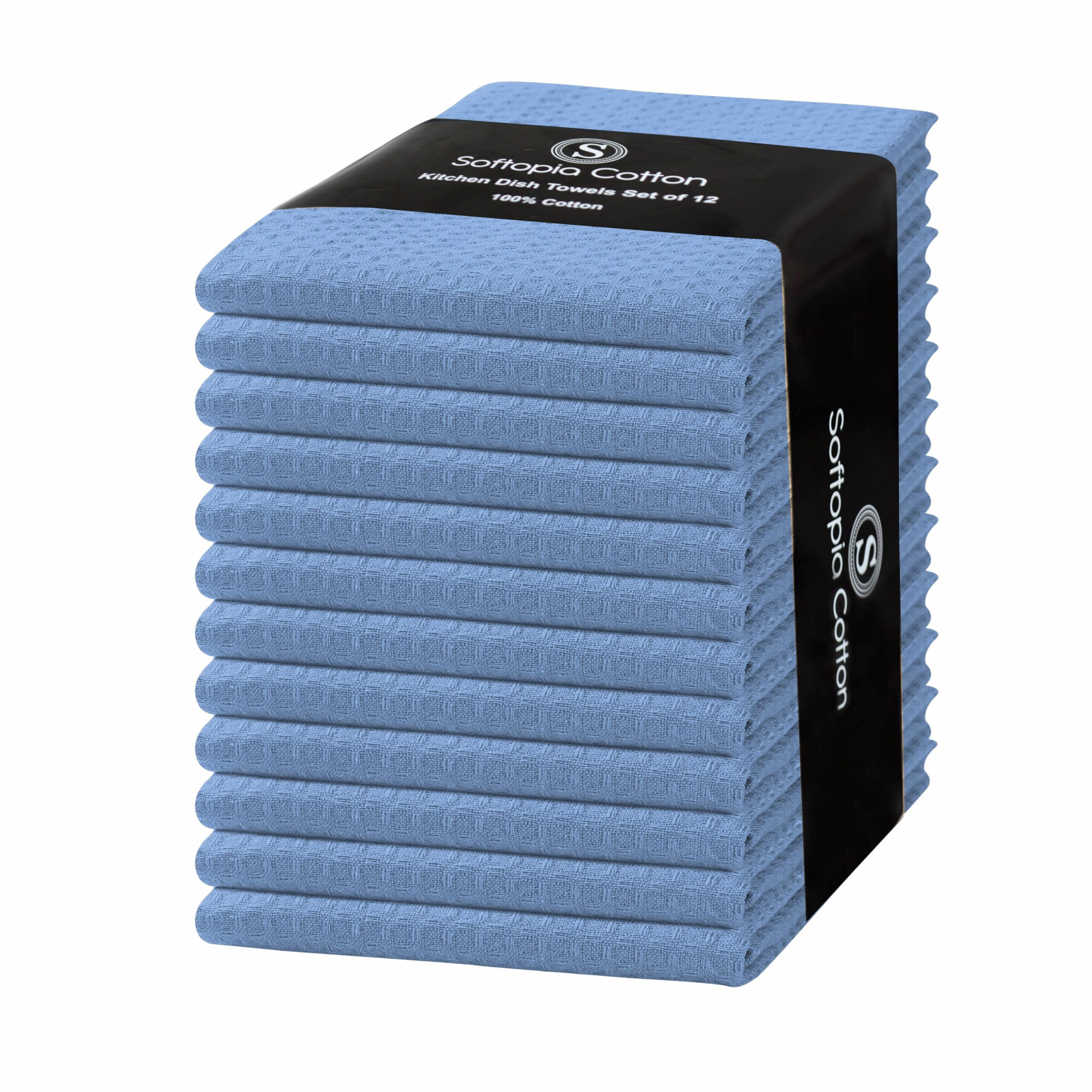 Softopia Cotton Sky Blue Kitchen Dish Towels Set of 12-100% Cotton Waffle Weave, Super Absorbent, Soft, Quick Drying, 16x26 Inches, Ideal for Cleaning, Bar, Tea, and Everyday Use, Light Blue