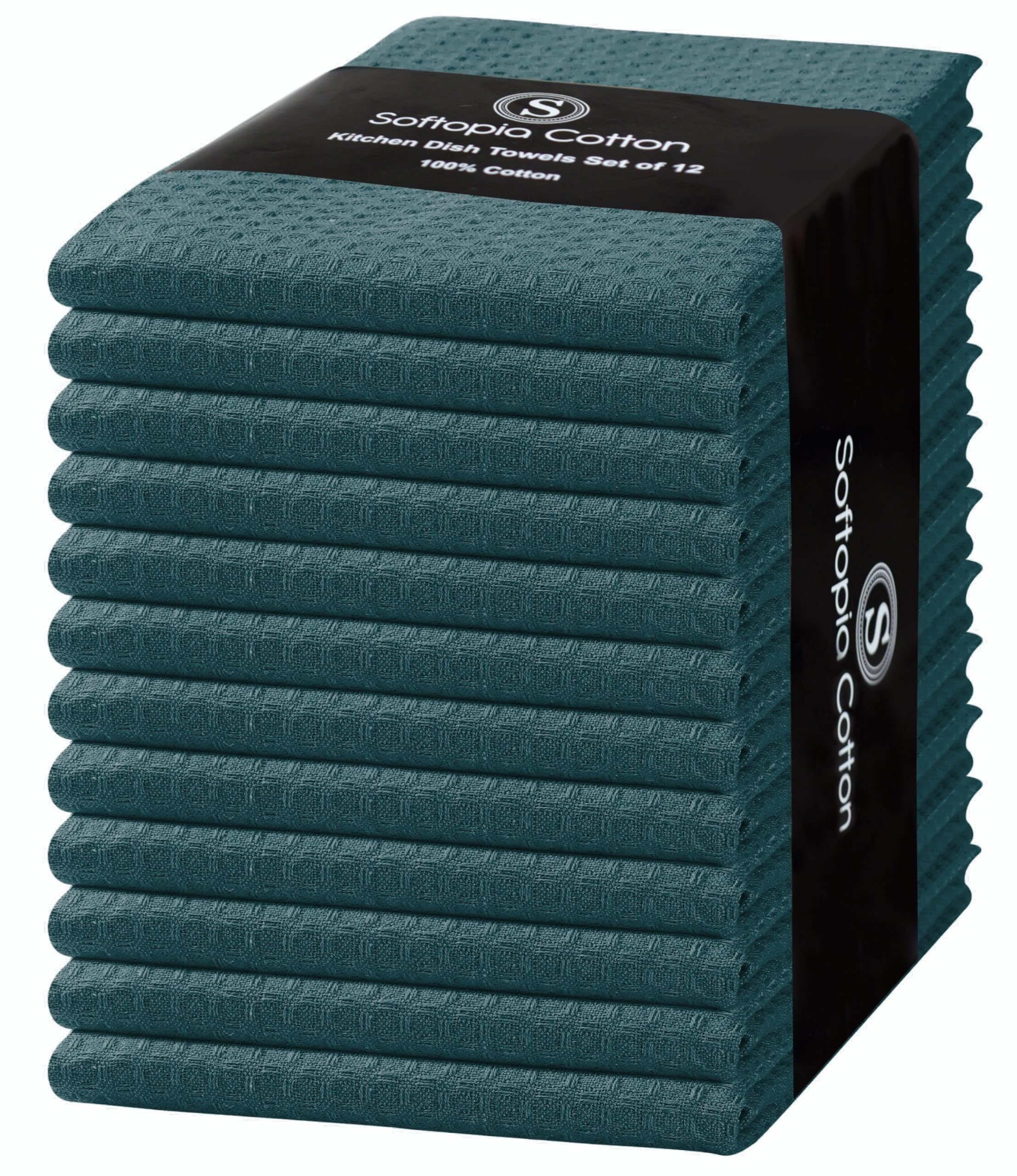 Softopia Cotton Teal Green Kitchen Towels – Waffle Weave, 100% Cotton, Soft & Absorbent, Fast Dry, Durable, 16x26 Inches, Perfect for Dish Drying, Bar, Cleaning, and Everyday Use, Set of 12, Teal