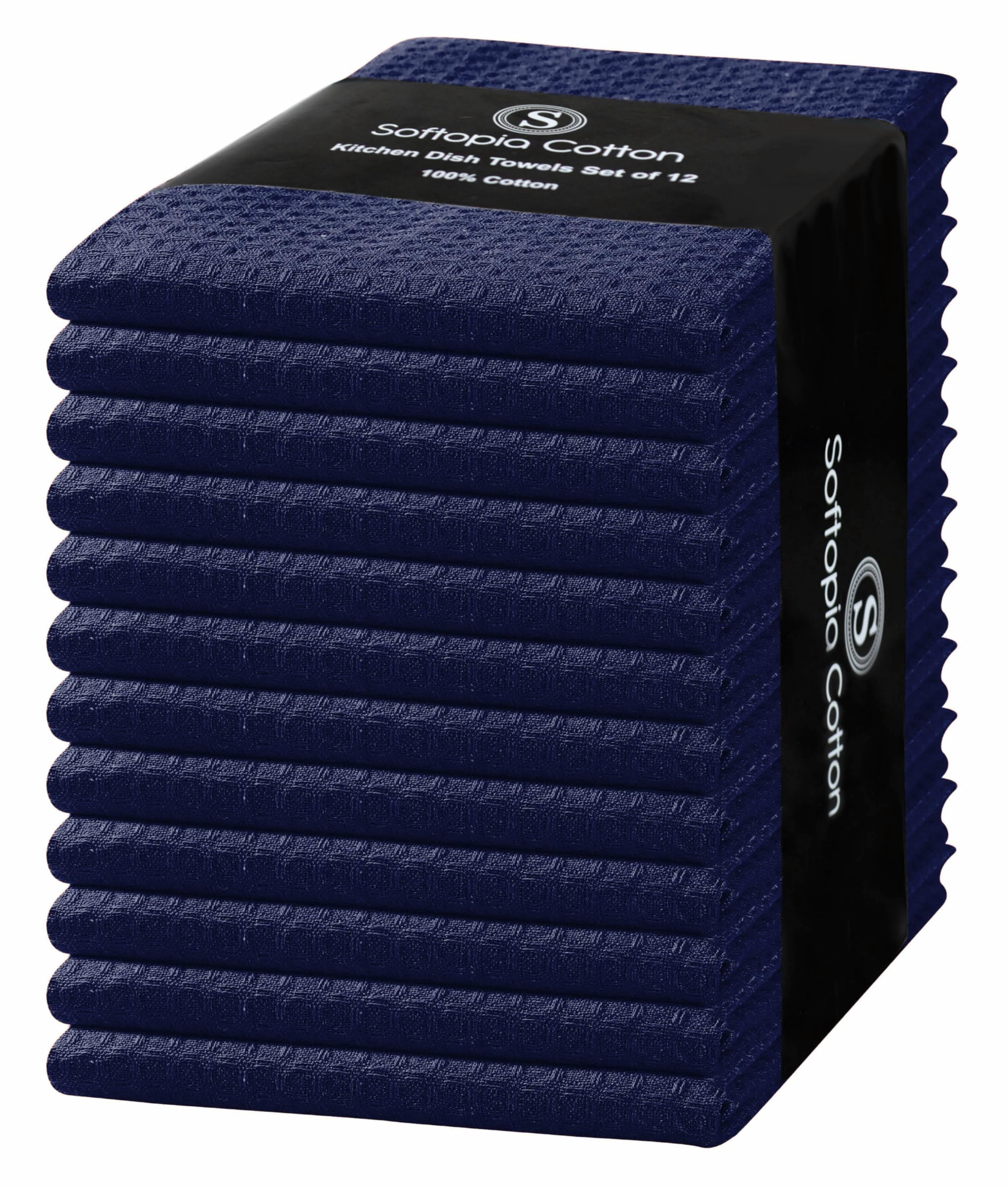 Softopia Cotton Waffle Weave Dish Towels 12 Pack, 16x26 Inches, Quick Dry Towels for Kitchen, Reusable, Absorbent Wash Cloths Set, Washable Fabric, Heavy Duty for Daily Use - Navy Blue