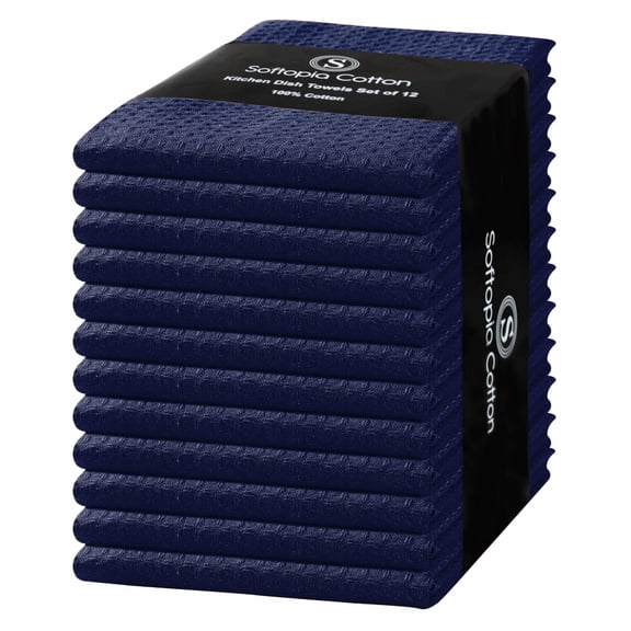 Softopia Cotton Waffle Weave Dish Towels 12 Pack, 16x26 Inches, Quick Dry Towels for Kitchen, Reusable, Absorbent Wash Cloths Set, Washable Fabric, Heavy Duty for Daily Use - Navy Blue