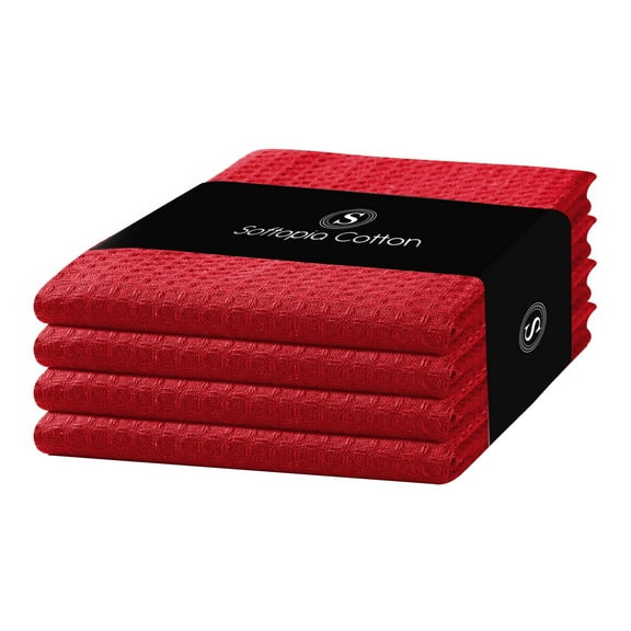 Softopia Cotton Waffle Weave Kitchen Dish Towel, 16"x26", Set of 4, Red
