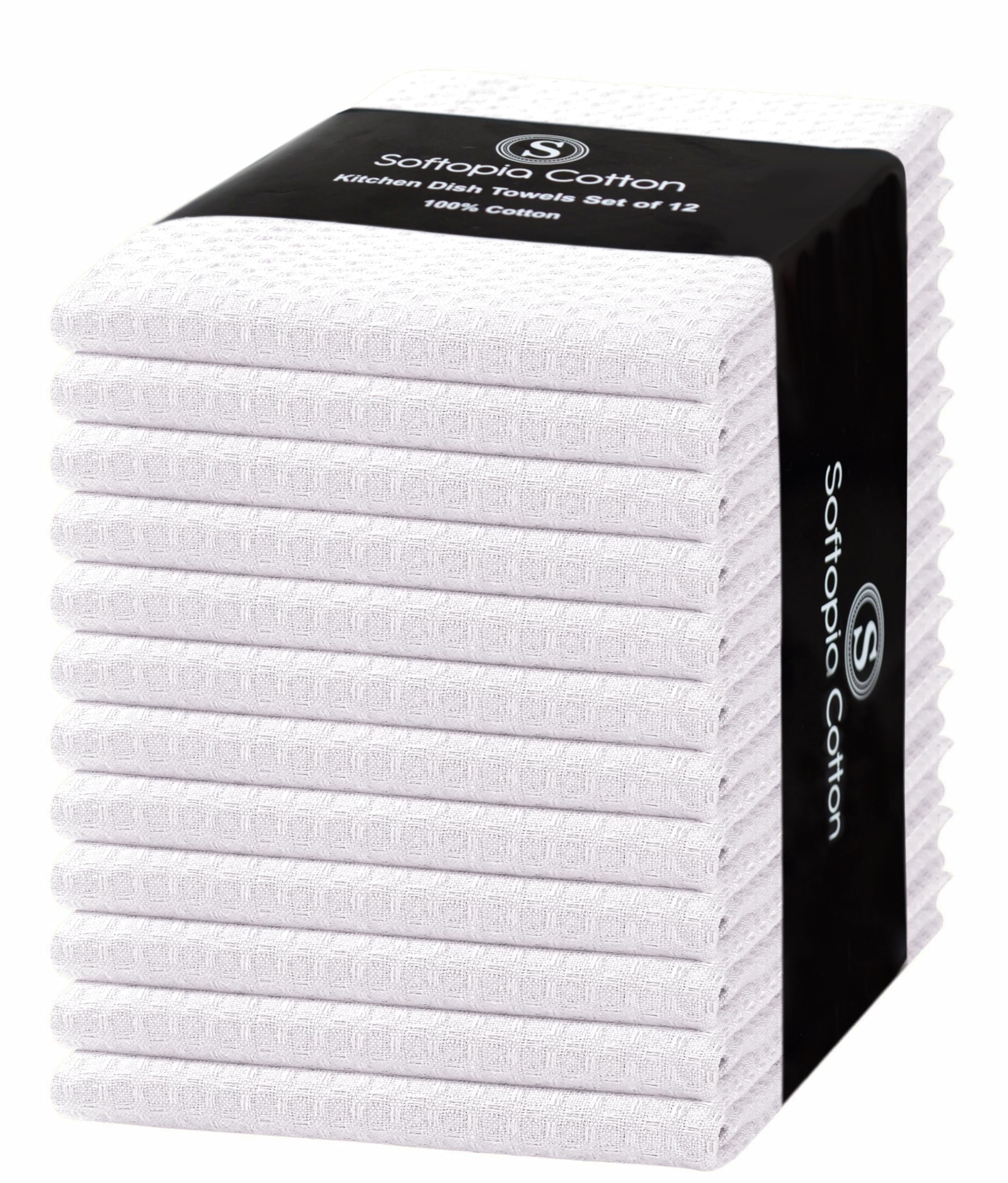Softopia Cotton White Waffle Kitchen Dish Towels 100% Cotton, Soft, Absorbent, Quick Drying, Multipurpose Use, Bar & Hand Towels, 16x26 Inches, Durable, Machine Washable, Reusable, Set of 12