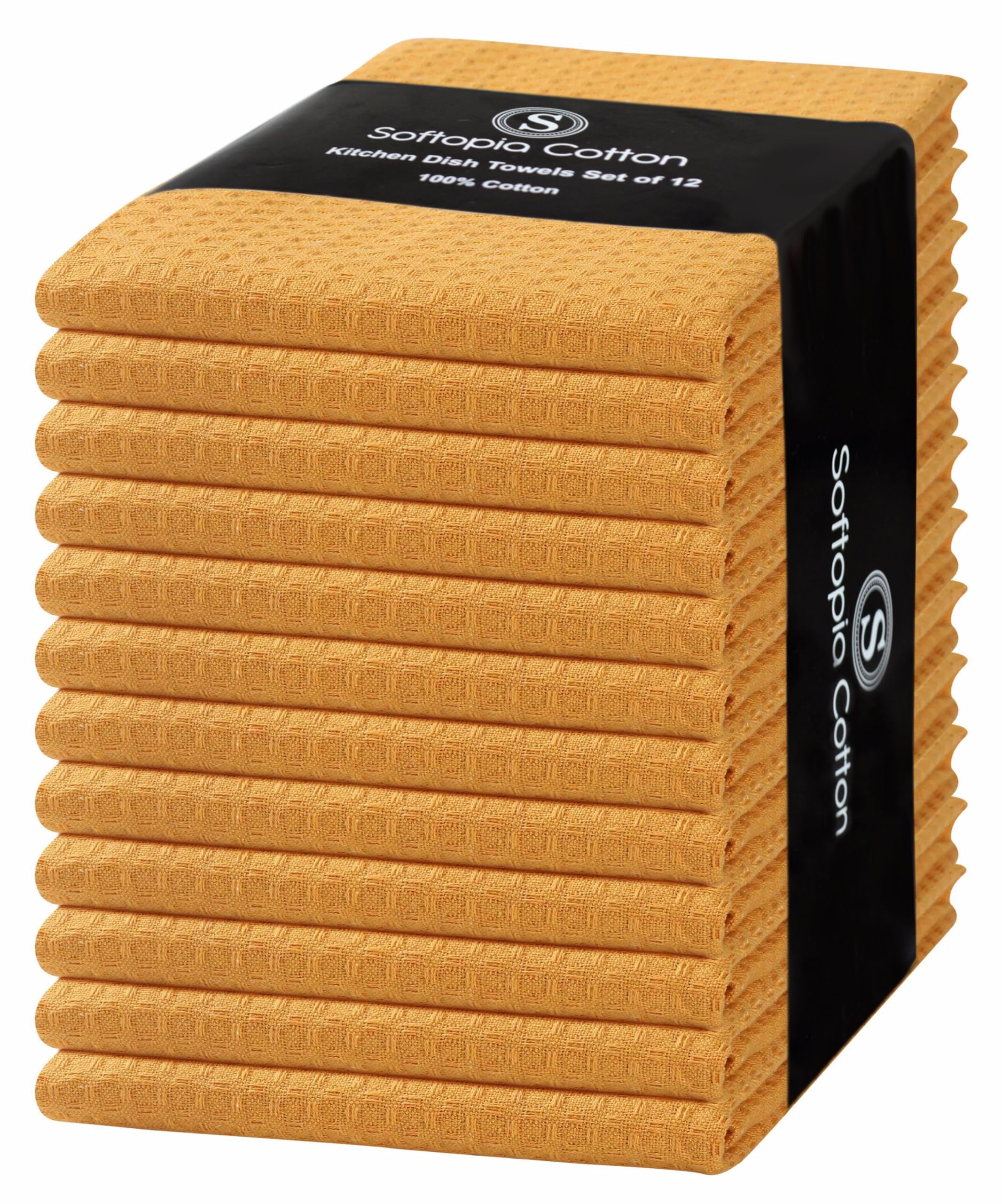 Softopia Cotton Yellow Waffle Kitchen Dish Towels, 100% Cotton, Quick Dry, Super Absorbent, Soft, 16x26 Inches – Ideal for Dish Drying, Bar, Tea, Cleaning, and Everyday Use, 12 Pack, Mustard Yellow