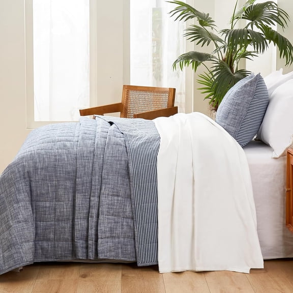Softpage Navy Quilt Twin Bedding Set, 2-Piece Cotton Quilted Bedspread with Pillow Sham, Dual-Sided Denim Blue Stripe, Lightweight Warm Coverlet for Year-Round Use