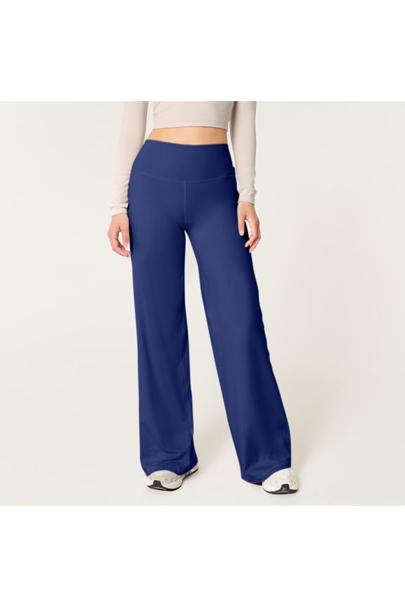 Softretch No Front Seam Wide Leg Pants for Women - High Waist Yoga Lounge Buttery Soft Comfy Casual Blue L