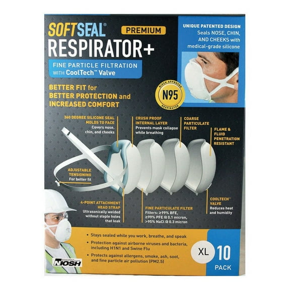 Softseal 16-90082 XL White Premium N95 Respirator With Valve 10 Count