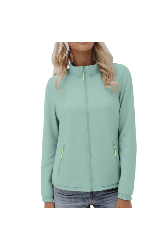 Softshell Jacket for Women Stand Collor Zipper Long Sleeve Windbreaker with Pockets Green L