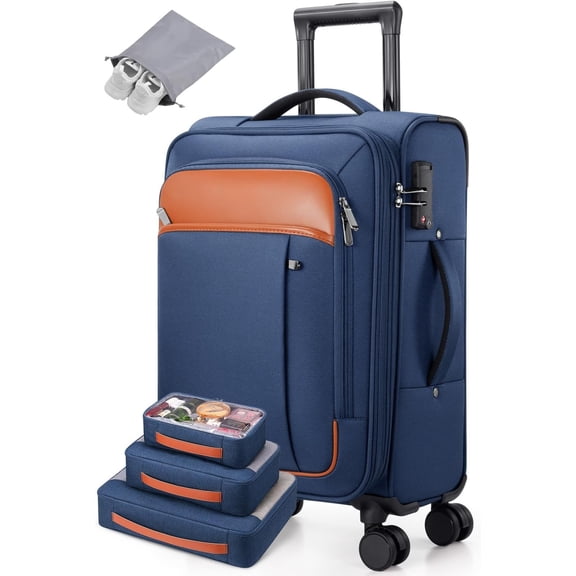 Softside Expandable Carry  Luggage 22x14x9 Airline Approved, 20 Inch Carry  Suitcase with Wheels & TSA Lock, Travel Suitcase with 4- Packing Bags for Women Men